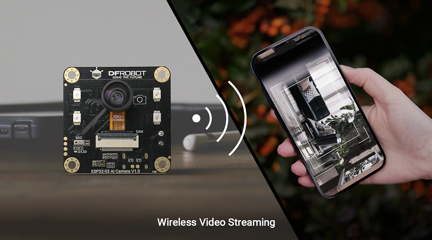 ESP32-S3 AI CAM Key Feature 4: Wireless Transmission Support Wi-Fi & BLE 5 ESP32-S3 AI CAM Key Feature 4: Wireless Transmission Support Wi-Fi & BLE 5