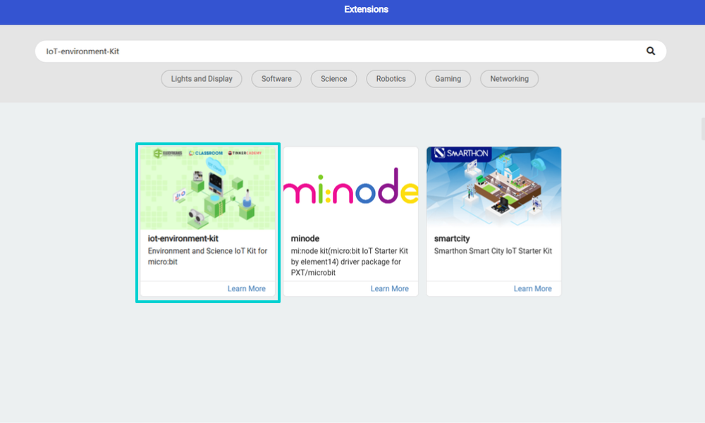 Official collected extensions for the Internet of Things Kit, showcasing programming expansion packages compatible with micro:bit, including environment kit modules and smart city starter projects for IoT applications