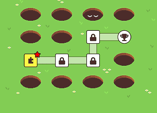 micro bit arcade pixel level map showing a grassy field with mole holes, a highlighted starting tile, locked path nodes, and a trophy icon as the final goal