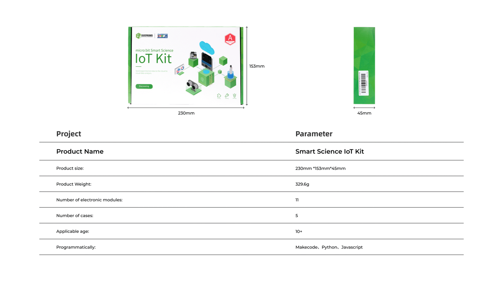 ELECFREAKS Smart Science Internet of Things Kit packaging box displaying product dimensions 230mm x 153mm x 45mm, 329g weight, 11 electronic modules, 5 cases, applicable for ages 10+, and programming support for MakeCode, Python, and JavaScript