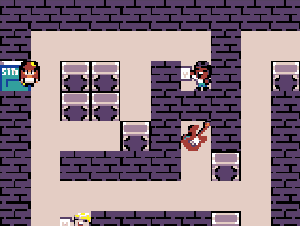 micro bit arcade pixel scene showing a character navigating an 80s rockstar themed maze with walls, doors, obstacles, and interactive items