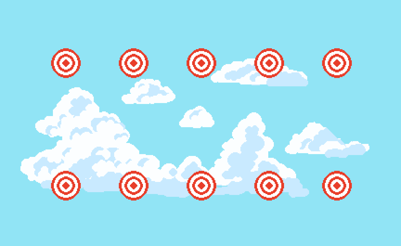 micro bit arcade pixel scene showing red bullseye targets arranged in rows across a bright sky with layered white clouds